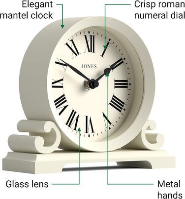 Настільний годинник JONES CLOCKS Saloon, білий, класичний стиль, подвійне скрол-оформлення, римські цифри, для столу, полиці або тумбочки