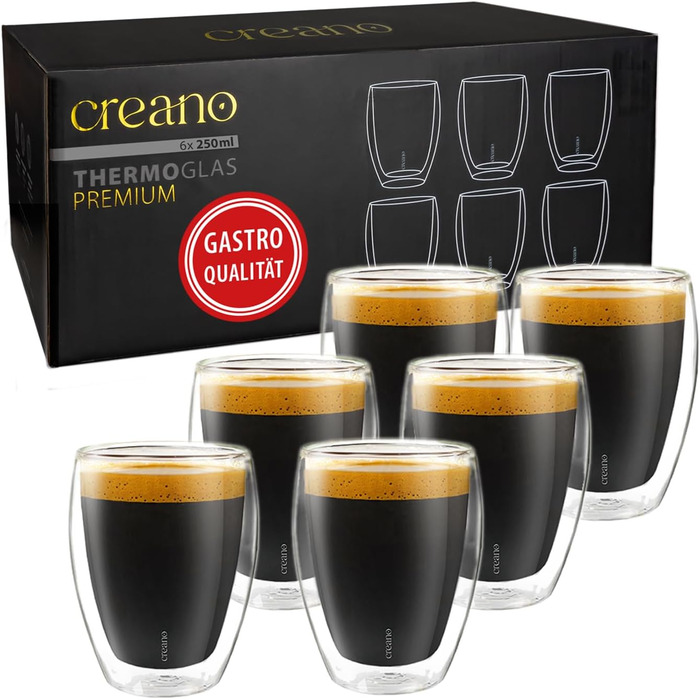 Creano PREMIUM подвійні склянки 250 мл, 6 шт, термостійкі, для напоїв, для кафе, можна мити в посудомийній машині, новинка 2024