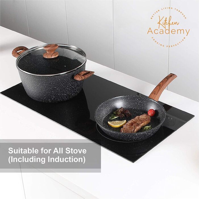 Набір індукційних каструль і сковорідок Kitchen Academy, 12 предметів, чорний граніт, антипригарне покриття, без PFOA і PFOS