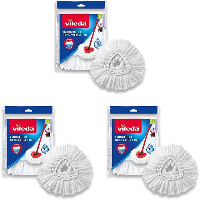 Насадка для швабри Vileda Turbo Easy Wring & Clean Classic, змінна, 3 шт, для всіх твердих підлог, видаляє понад 99% бактерій лише водою