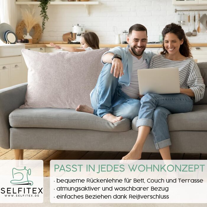 Декоративна подушка Selfitex XXL 60x80 см, бежева, м'яка подушка для дивану з наповнювачем і чохлом, для читання, відпочинку та декору