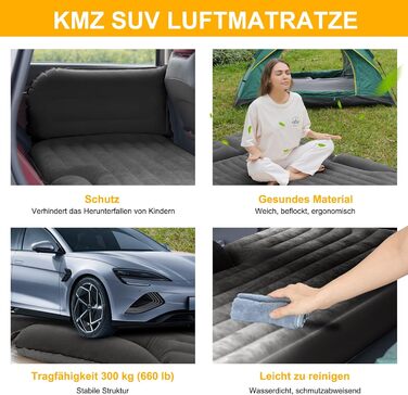 KMZ автомобільний матрац із 2 подушками, двосторонній надувний матрац для авто, потовщений флокований матрац для багажника і заднього сидіння, темно-сірий, для кемпінгу