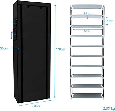 Тканинна шафа INTIRILIFE 170x58x28 см, чорна, з блискавкою, 9 полиць, для одягу та взуття, складана шафа для кемпінгу, текстильний гардероб