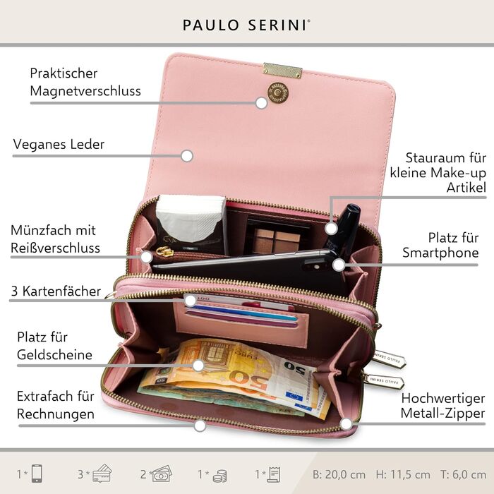 Жіноча сумка через плече PAULO SERINI з веганської шкіри, компактна кросбоді для телефону з 2 відділеннями та блискавкою, чорна Onyx, 8 кольорів