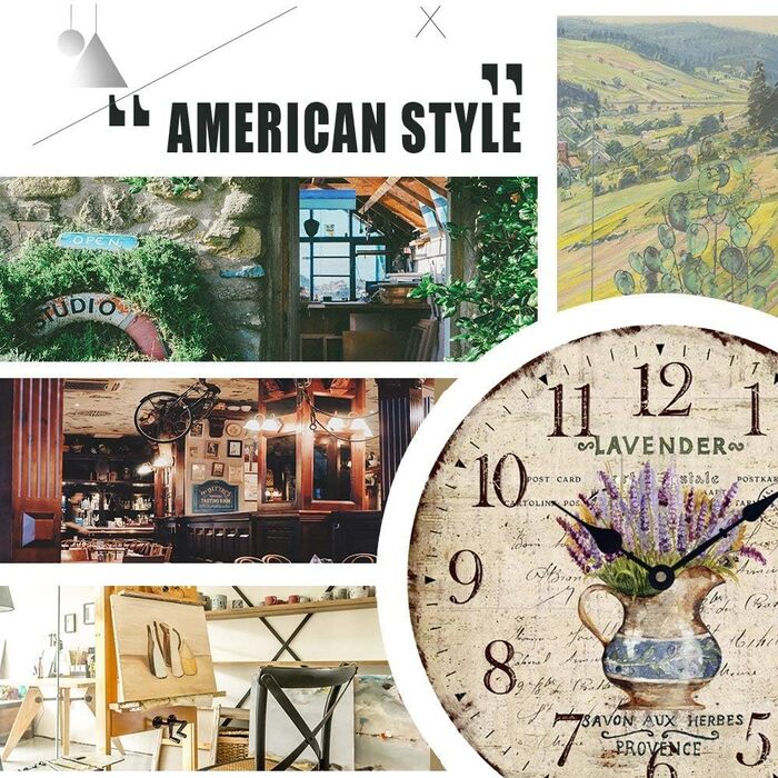 Стіна годинник YOAI кухонний вінтажний Shabby Chic, антикварний стиль, рустикальний, кварцовий, безшумний механізм, 30 см, MDF, лаванда в горщику