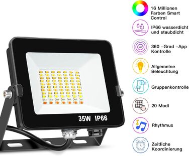 Світлодіодний прожектор 35Вт Smart RGB, зміна кольорів, Bluetooth APP керування, IP66, водонепроникний, диміруємий, для декору, саду, ландшафту, сцени, дерево, 2 шт, євровилка