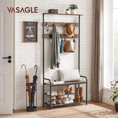 Вішалка-полиця VASAGLE 9 гачків з лавкою для взуття, 30x85x180,5 см, індустріальний дизайн, коричнево-чорна, для передпокою та спальні