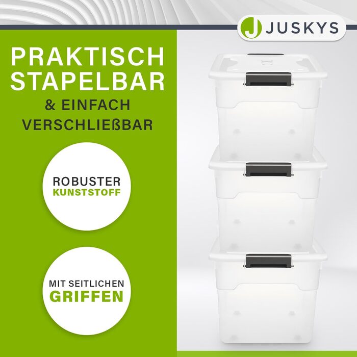 Juskys пластикові контейнери з кришкою 45 л, прозорі, набір 4 шт. — великі, штабельовані бокси для зберігання речей