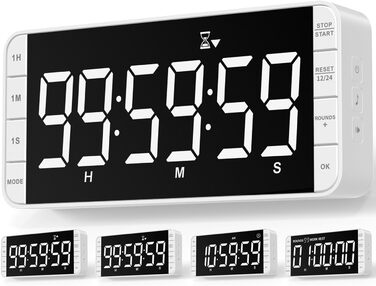Кухонний таймер зворотного/прямого відліку 99 годин, цифровий, акумуляторний, 7.8'' великий LED-дисплей, 3 рівні яскравості, 5 сигналів, 4 гучності, магнітний, білий