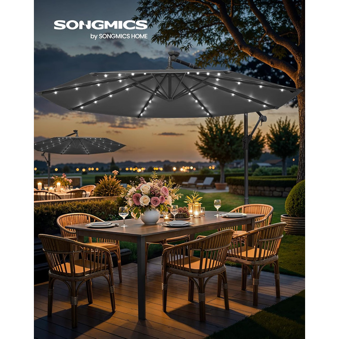 Парасолька SONGMICS 300 см з LED-світлодіодами на сонячній батареї, з підставкою, сірий, для балкону і саду, UPF 50+, ампельна, з ручкою-крутилкою