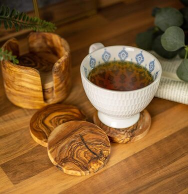 Підставки для склянок з оливкового дерева, круглі, 6 шт., 8,5 см, з коробкою для зберігання, для склянок, чашок, ваз