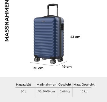 Дорожня валіза Upfly XS 55x36x19 см, 31 л, ABS, 4 подвійні гумові колеса, кодовий замок, жорсткий корпус, з роздільником і ременями для фіксації речей