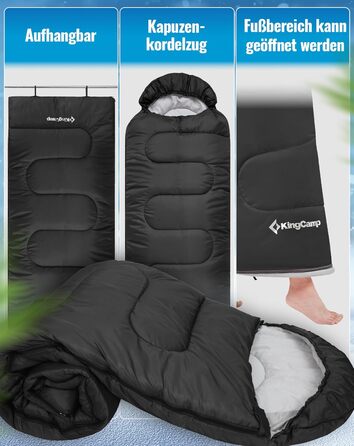 KingCamp Oasis спальник 3 сезони, теплий, легкий, зручний, з капюшоном, для кемпінгу та туризму, для приміщення і вулиці