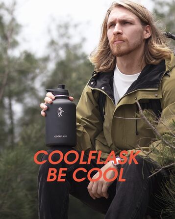 Термобутилка Coolflask 2 л з нержавіючої сталі з PU-чохлом, ізольована пляшка для води з кришкою-соломинкою, тримає холод 48 годин і тепло 24 години, Polar Black