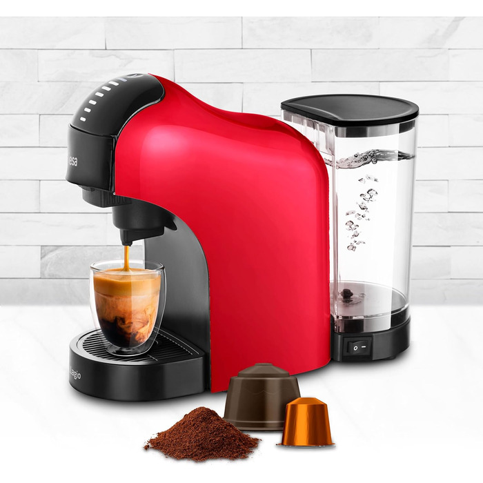 Кавоварка Ufesa Bellagio 3-в-1 для капсул Nespresso, Dolce Gusto або меленої кави, сенсорна панель, 7 режимів, резервуар 1 л, 1400 Вт, 15 бар, червона, компактна