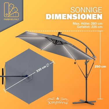 Сонячна парасолька Kingsleeve з LED підсвічуванням, UV 80+, сонячна батарея, чохол, 350 см, з кривошипом для балкона та тераси