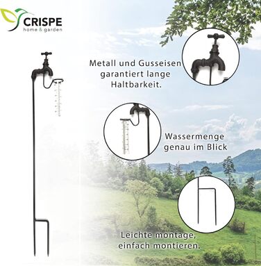 Декоративний дощомір для саду Crispe Home & Garden, 84 см, скло та чавун, водостійкий, для вимірювання опадів, садова метеостанція