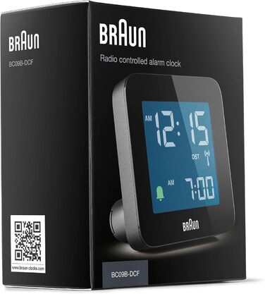 Цифровий радіо-будильник Braun BC09B-DCF з негативним LCD-дисплеєм, функцією швидкого налаштування, поступовим сигналом, режимом сну, для центральноєвропейського часу, чорний