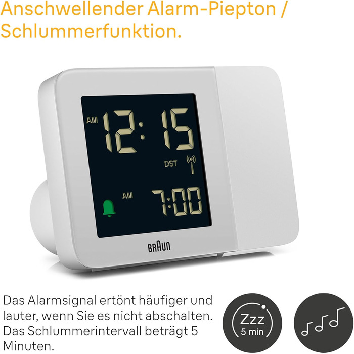 Проекційний радіо-годинник Braun BC15W-DCF з негативним LCD-дисплеєм, DCF, швидке налаштування та звуковий будильник, білий