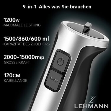 Занурювальний блендер Lehmann 1200 Вт з турборежимом, регулюванням швидкості, 9 аксесуарів, електричний багатофункціональний міксер для подрібнення та пюре