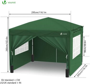 Павільйон VOUNOT 3x3 м з 4 стінками та 4 мішками для піску, складаний садовий намет для вечірок, з сумкою, сірий (зелений, 4 стінки)