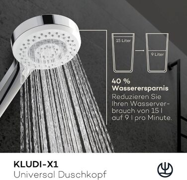 Універсальна душова лійка KLUDI-X1 з шлангом, 3 режими струменя (Body, Hair, Skin), водозберігаюча, легке очищення, хром, Ø 10,7 см, шланг 1,6 м