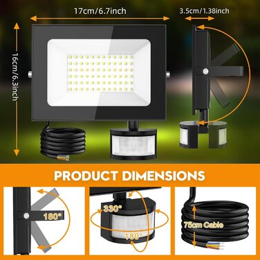 LED прожектори з датчиком руху та світла papasbox, 2 шт, 50W, 6500K, IP66, з пультом, для вулиці, саду, гаража, спортмайданчика