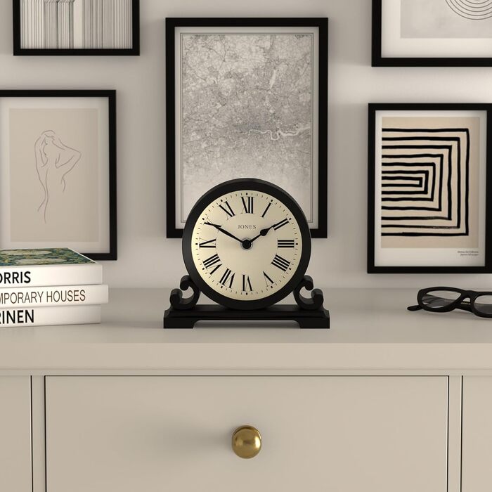 Декоративний настільний годинник JONES CLOCKS Saloon, класичний стиль, чорний, римські цифри, подвійний сувій, для письмового столу, полиці чи тумбочки