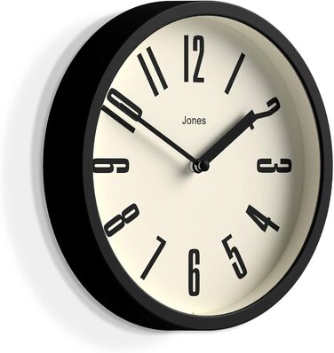 Годинник JONES CLOCKS для ванної та кухні, настінний, ретро, круглий, 20 см, чорний, легкі для читання цифри, ідеальний для кухні, офісу, дитячої кімнати або невеликих приміщень