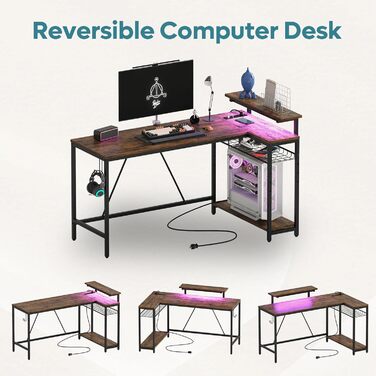 Письмовий стіл Bestier L-Gaming зі світлодіодом, полицями та гачками
