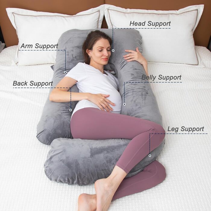 Подушка для вагітних TaiBest U-подібна, з подрібненого Memory Foam, для сну, підтримка живота, сіра