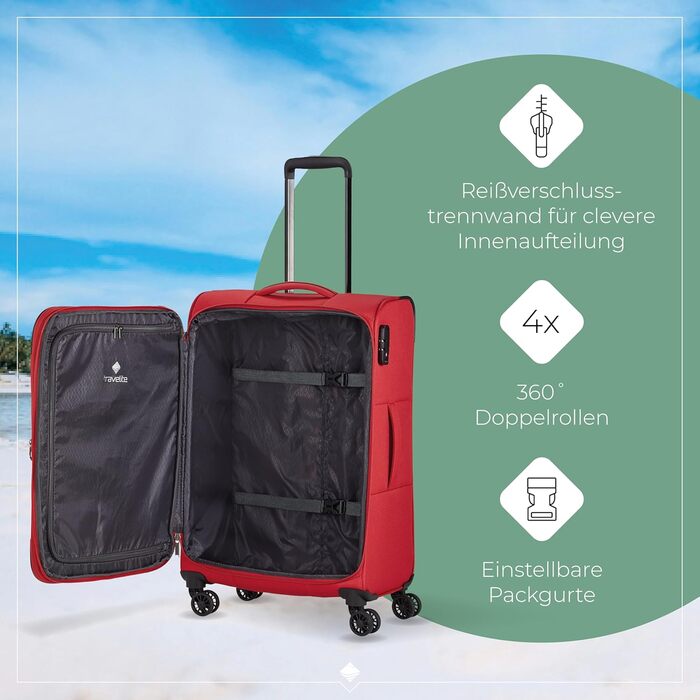 Валіза Travelite Chios на 4 колесах, розмір L, м'який корпус, з розширенням і захистом кутів, стильний дорожній чемодан 78 см, 90-97 л, червоний