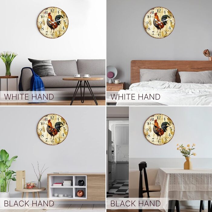 Стіна годинник VIKMARI Rustic Rooster 14 дюймів — безшумний кварцовий, на батарейці, для кухні, круглий, преміум-якість