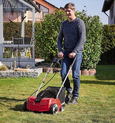 Електричний аератор-вертикутер Einhell GC-SA 1231/1, 230 В, для газону до 300 м², 1.2 кВт, 28 л травозбірник, 3 рівні глибини, складана ручка
