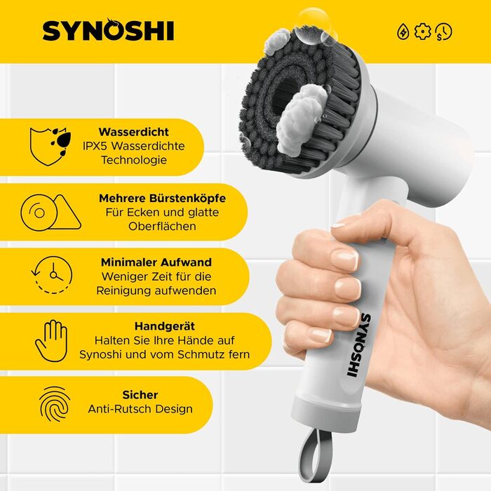 Електрична щітка для прибирання SYNOSHI Power Spin Scrubber з 3 змінними насадками, 2 швидкості, для ванної, душу та плитки