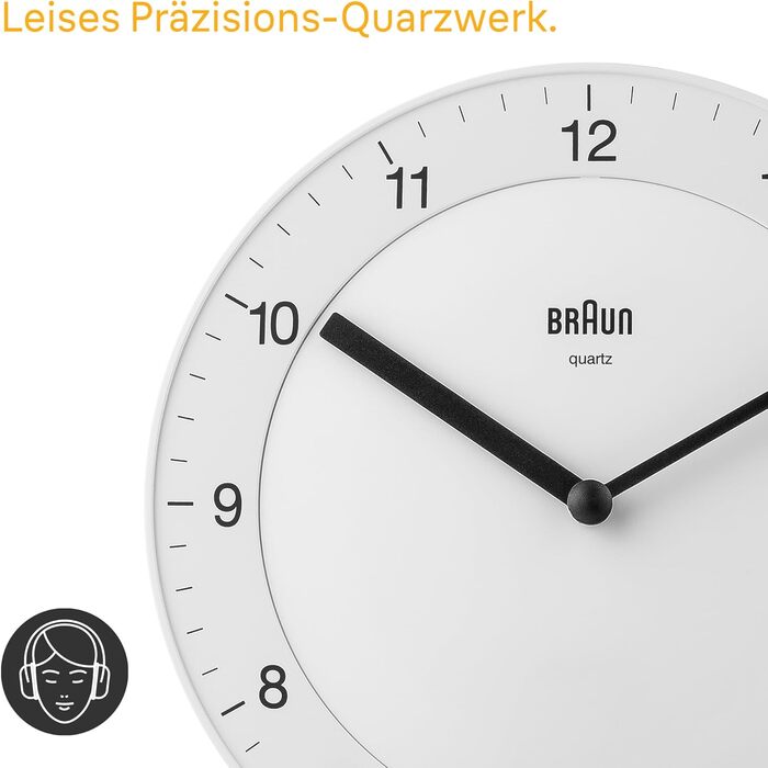 Настінний годинник Braun BC06W, класичний, аналоговий, кварцовий механізм, тихий хід, білий циферблат, 20 см