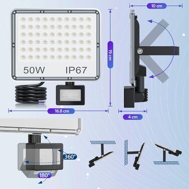 LED прожектор з датчиком руху для вулиці 50 Вт, 5000 Лм, холодне біле світло 7000K, IP67, водонепроникний, комплект 2 шт. для складу, саду, гаражу