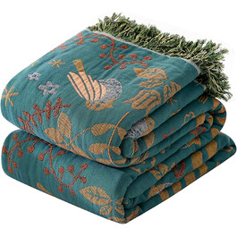 Двосторонній плед Boho 100% бавовна 200×230 см, мусліновий покривало для дивану, крісла та ліжка, м'який і затишний, синьо-бежевий