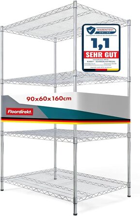 Металевий кухонний стелаж Floordirekt Everest, хром, 4 полиці, 90x60x160 см, навантаження 70 кг на полицю, багатофункціональний для кухні, ванної, складу, підвалу