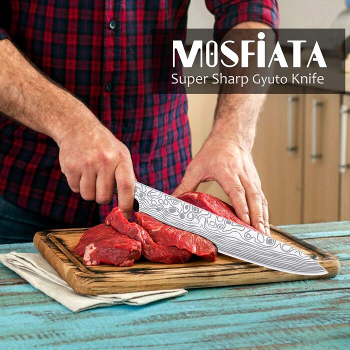 Професійний кухонний ніж MOSFiATA 10'' з німецької сталі EN.4116, надгострий, для м'яса та овочів, з мікарта-руків'ям і захистом пальців у подарунковій коробці