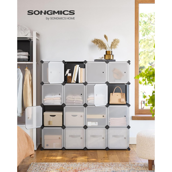 Модульний пластиковий шафа SONGMICS з дверцятами, 16 кубиків, для зберігання взуття, одягу, книг, легке складання, сірий LPC443G01