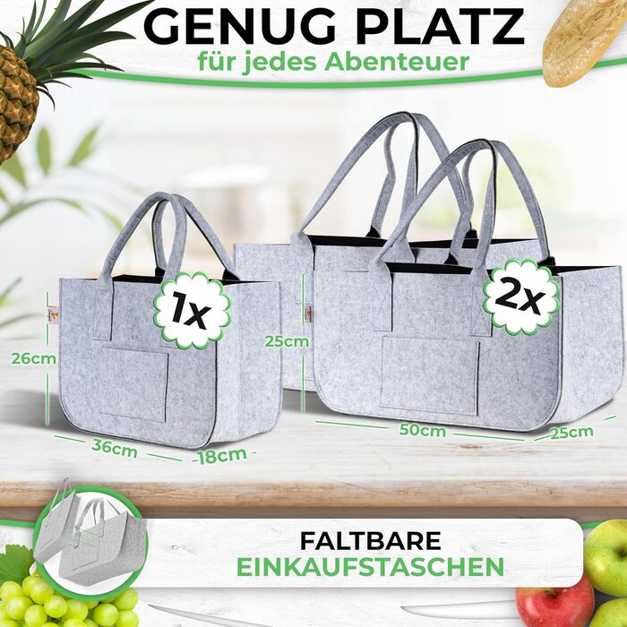 FUCHSBAG 2.0 Набір універсальних фетрових сумок XXL, 3 шт. (2 великі, 1 мала) для покупок, міцні та стильні сумки для покупок