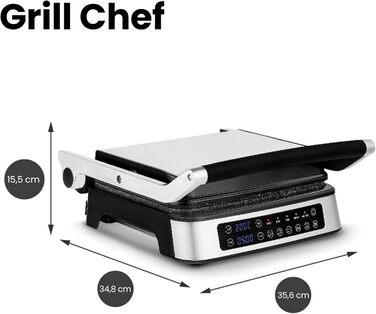 Електричний контактний гриль і сендвіч-тостер Grill Chef 2100Вт, знімні пластини, 2в1, розкладний на 180°, антипригарне покриття, піддон для жиру, звуковий сигнал, сріблястий
