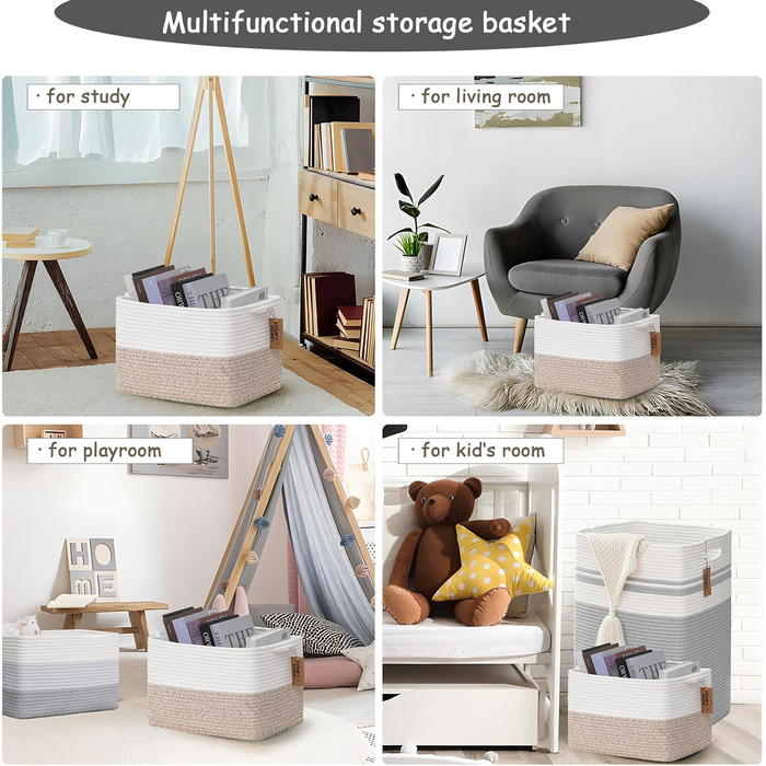 Плетений кошик COMFY-HOMI з бавовняного шнура з ручками для зберігання іграшок, книг і речей, органайзер для полиць, 34,3x27,9x24,1 см, біло-коричневий