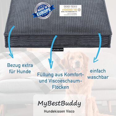 Лежак для собак MyBestBuddy Visco, сірий, 70x50 см, ортопедичний, з POSO-Cord тканиною, в'язкопружна піна, знімний чохол, праний при 40°C, для малих порід