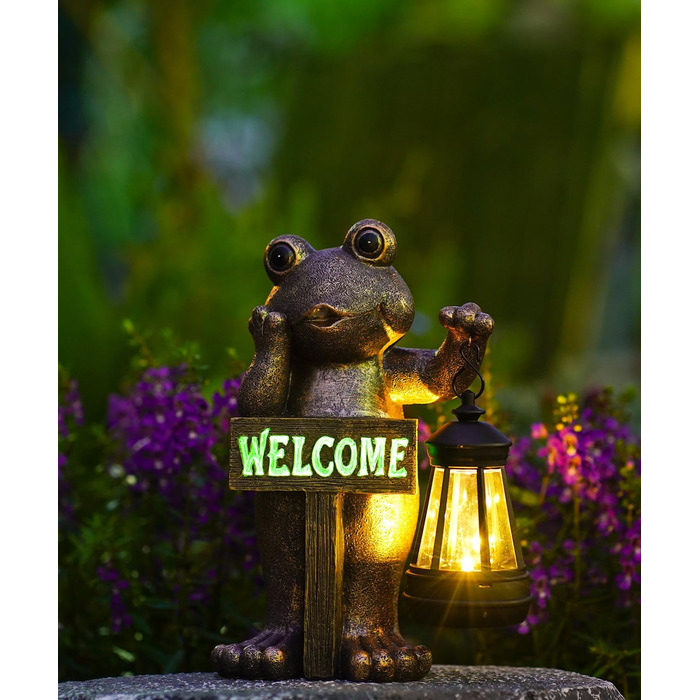 Goodeco Сонячна садова фігура жаби з табличкою Welcome, мідна, декор для тераси, балкона, двору та газону, оригінальний подарунок на новосілля для бабусі, дідуся або садівниці