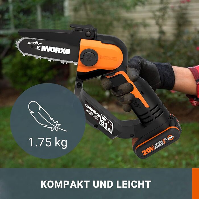 Акумуляторна одноручна ланцюгова пила WORX WG324E 20В, 12 см, з акумулятором і зарядкою, PowerShare