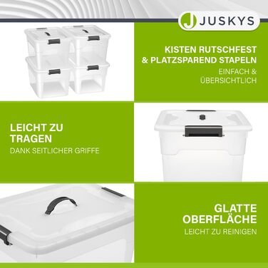 Набір пластикових контейнерів Juskys з кришкою, 4 шт по 45 л, прозорі, великі, штабельовані — органайзери для зберігання