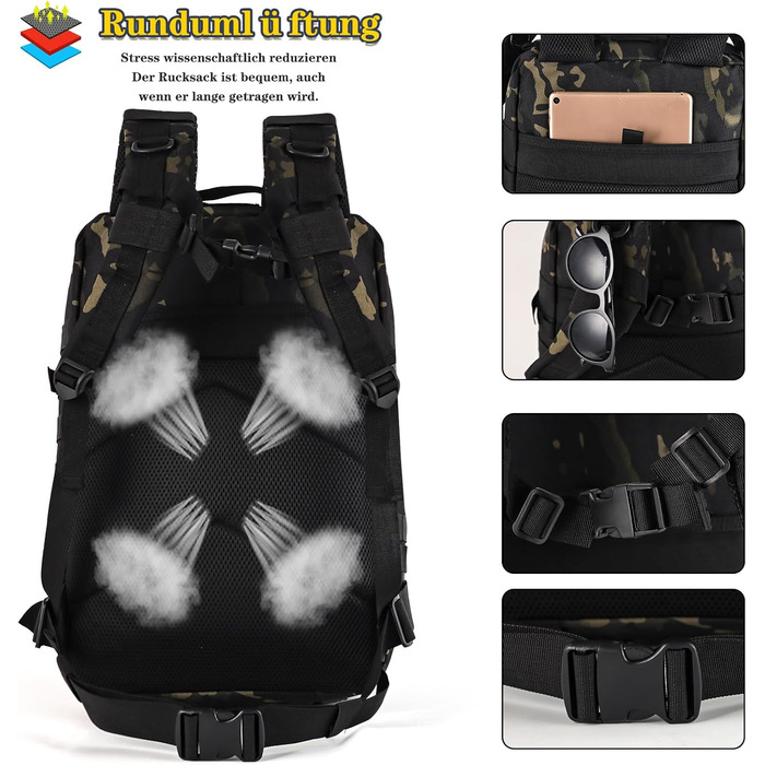 Тактичний рюкзак 45 л для подорожей, військовий рюкзак для outdoor, туристичний рюкзак з липучкою, Bundeswehr, для пригод (світло-чорний)