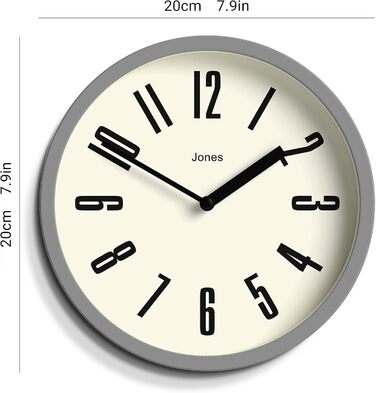 Настінний годинник JONES CLOCKS® для ванної та кухні, ретро, круглий, 20 см, сірий, великі цифри, для офісу, дитячої, маленьких приміщень
